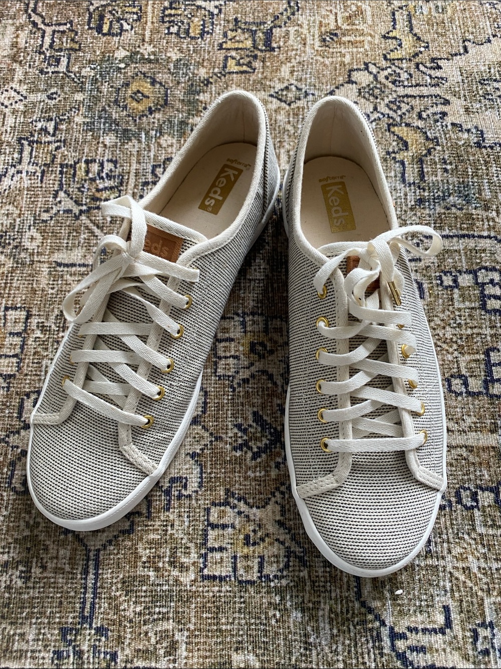 Keds Cream Canvas Low-Top Sneakers with Gold Eyelets